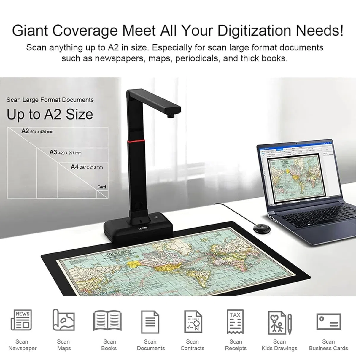 Scanner Aereo A2, Scanner per Documenti, Luce LED ad Alta luminosità Integrata, Alta risoluzione 23 MP, Campo di scansione Massimo: 420 x 297 mm, per Carte d'identità, Foto, riviste