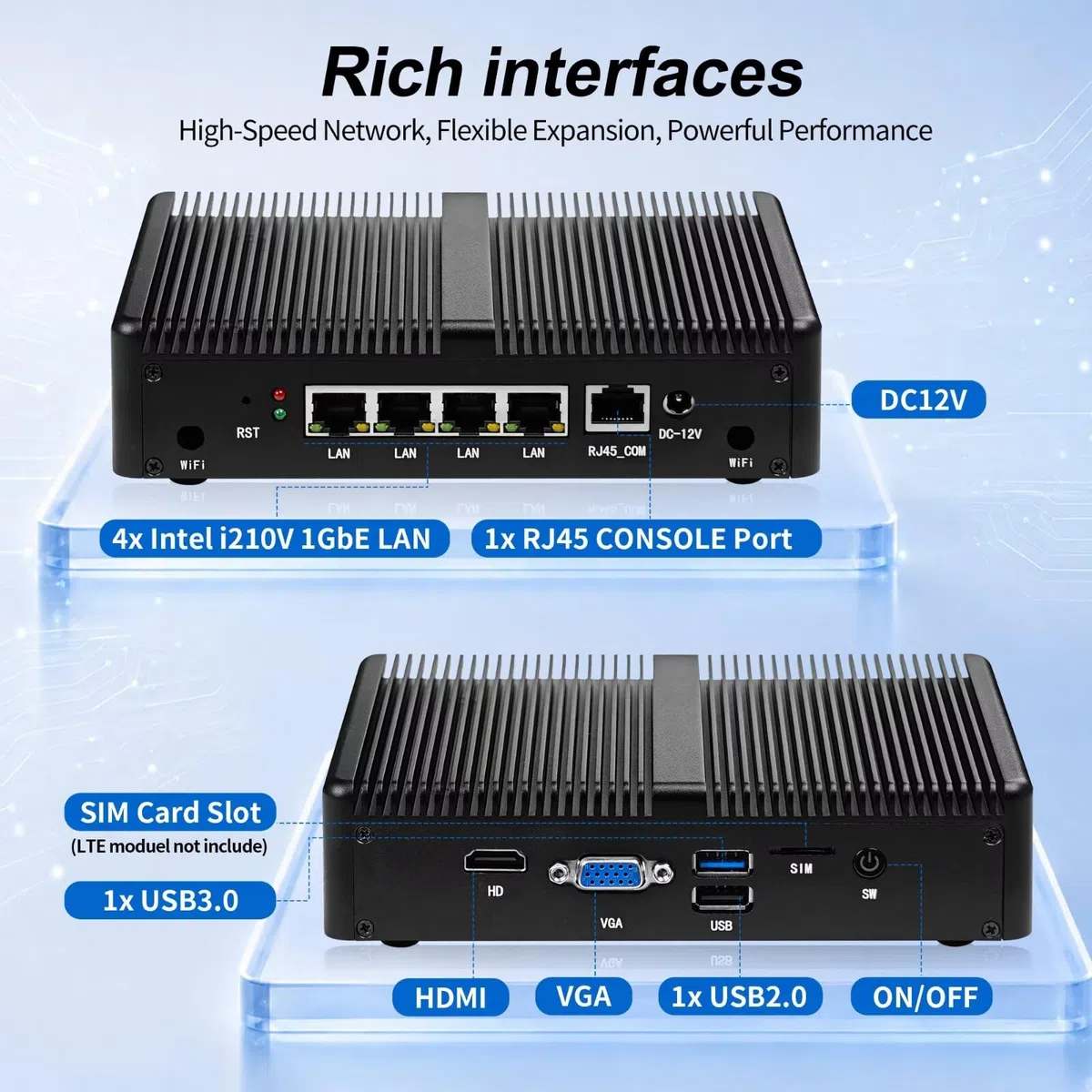 Firewall Fanless Mini PC J1900, 4x i210V 1GbE LAN, Barebone