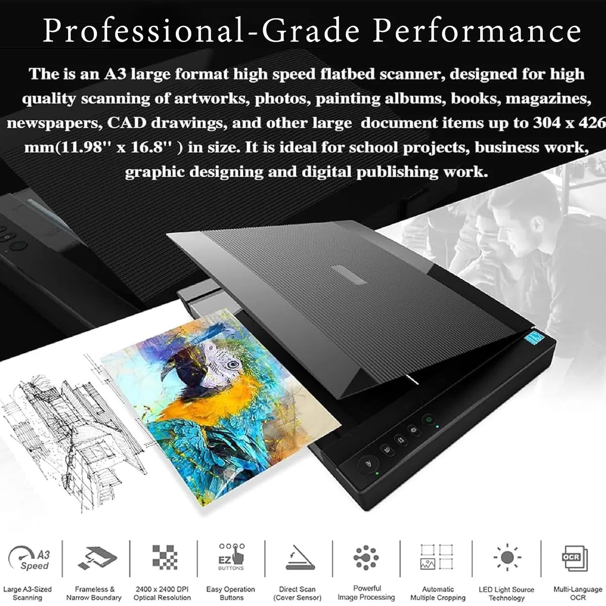 Scanner Piano A3 Grande Formato, Scanner Foto E Documenti 2400 DPI, Scansione Ultra Rapida 8 s Con Coperchio Auto Scan, PDF One Touch Per CAD Artwork Ufficio E Biblioteca