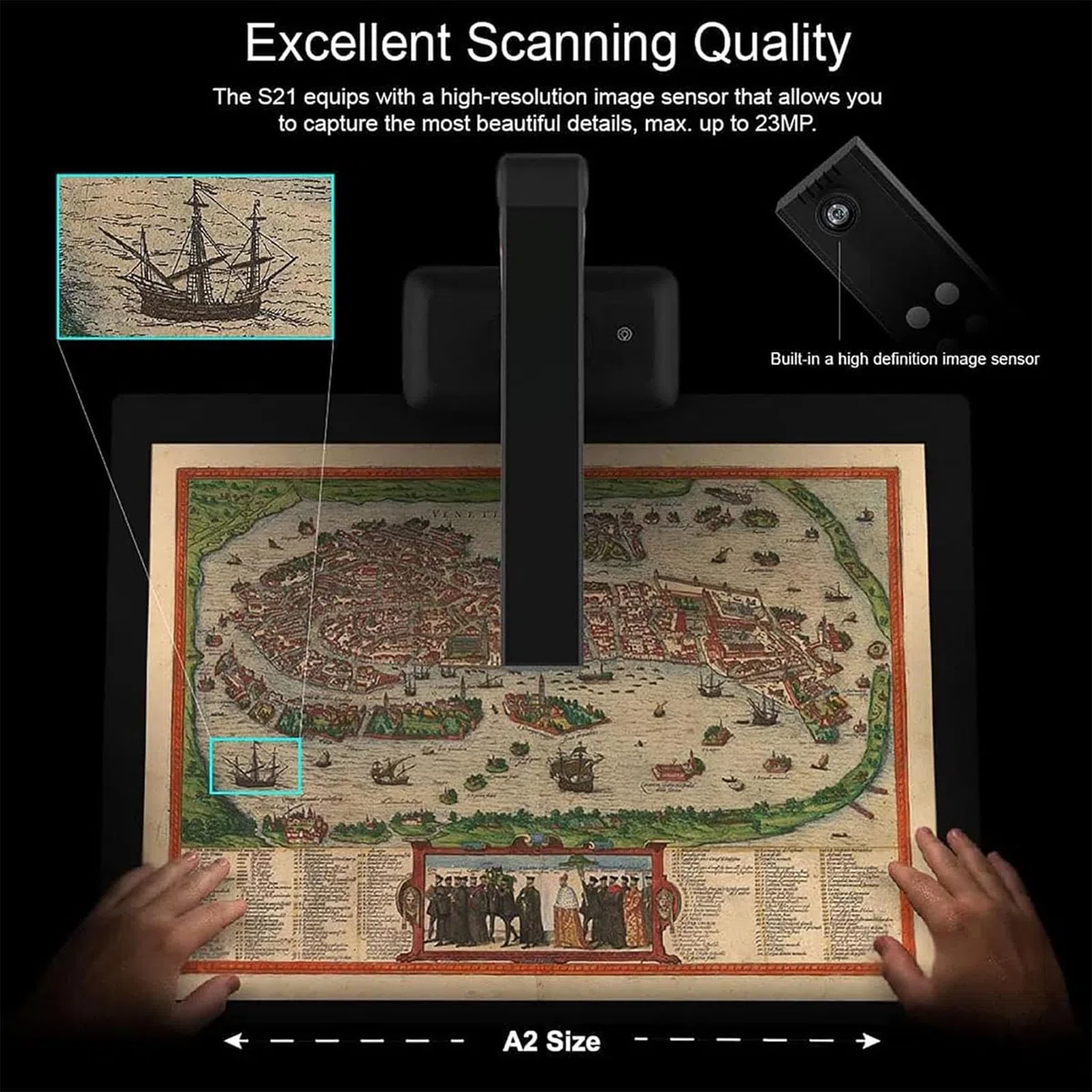 Scanner Aereo A2, Scanner per Documenti, Luce LED ad Alta luminosità Integrata, Alta risoluzione 23 MP, Campo di scansione Massimo: 420 x 297 mm, per Carte d'identità, Foto, riviste
