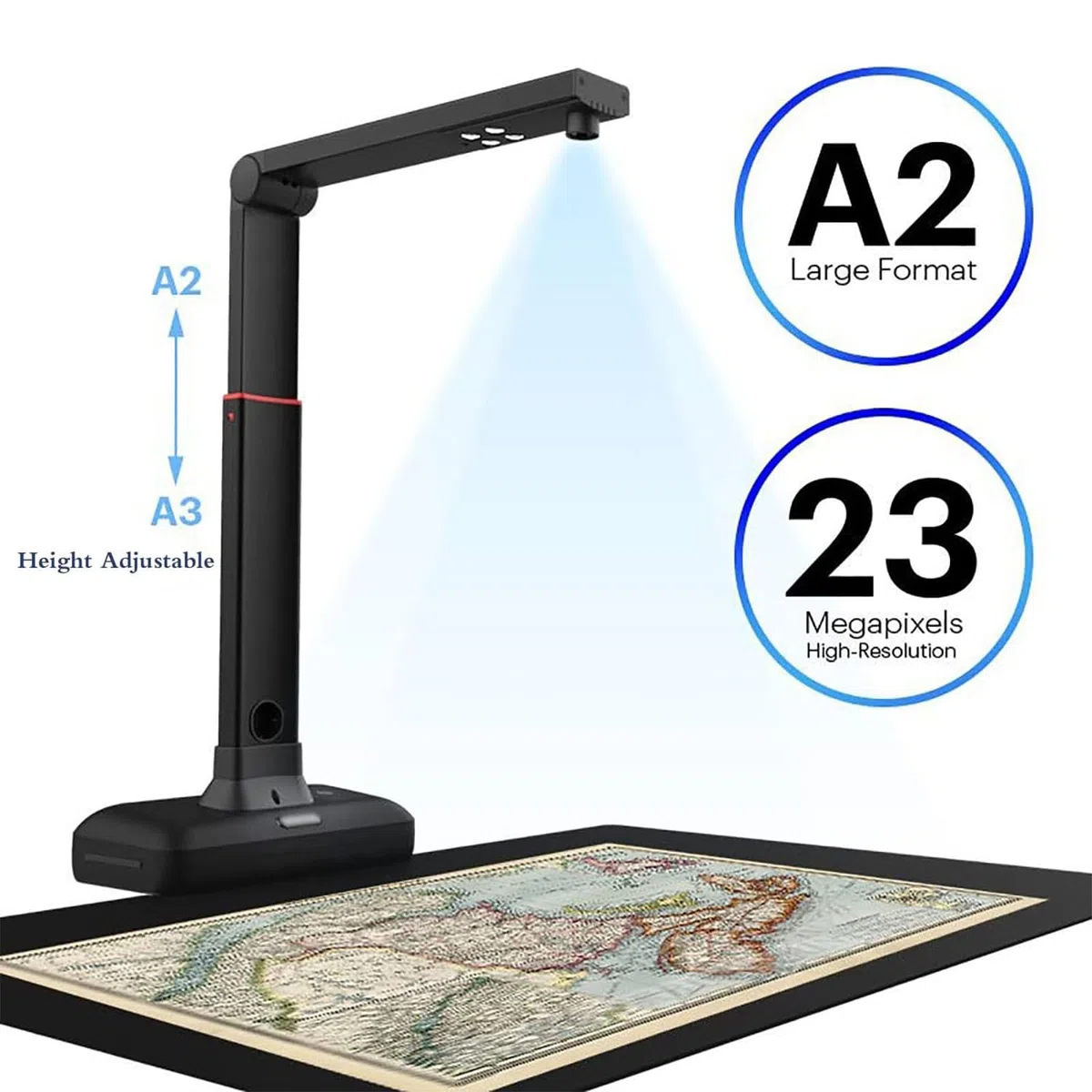 Scanner Aereo A2, Scanner per Documenti, Luce LED ad Alta luminosità Integrata, Alta risoluzione 23 MP, Campo di scansione Massimo: 420 x 297 mm, per Carte d'identità, Foto, riviste