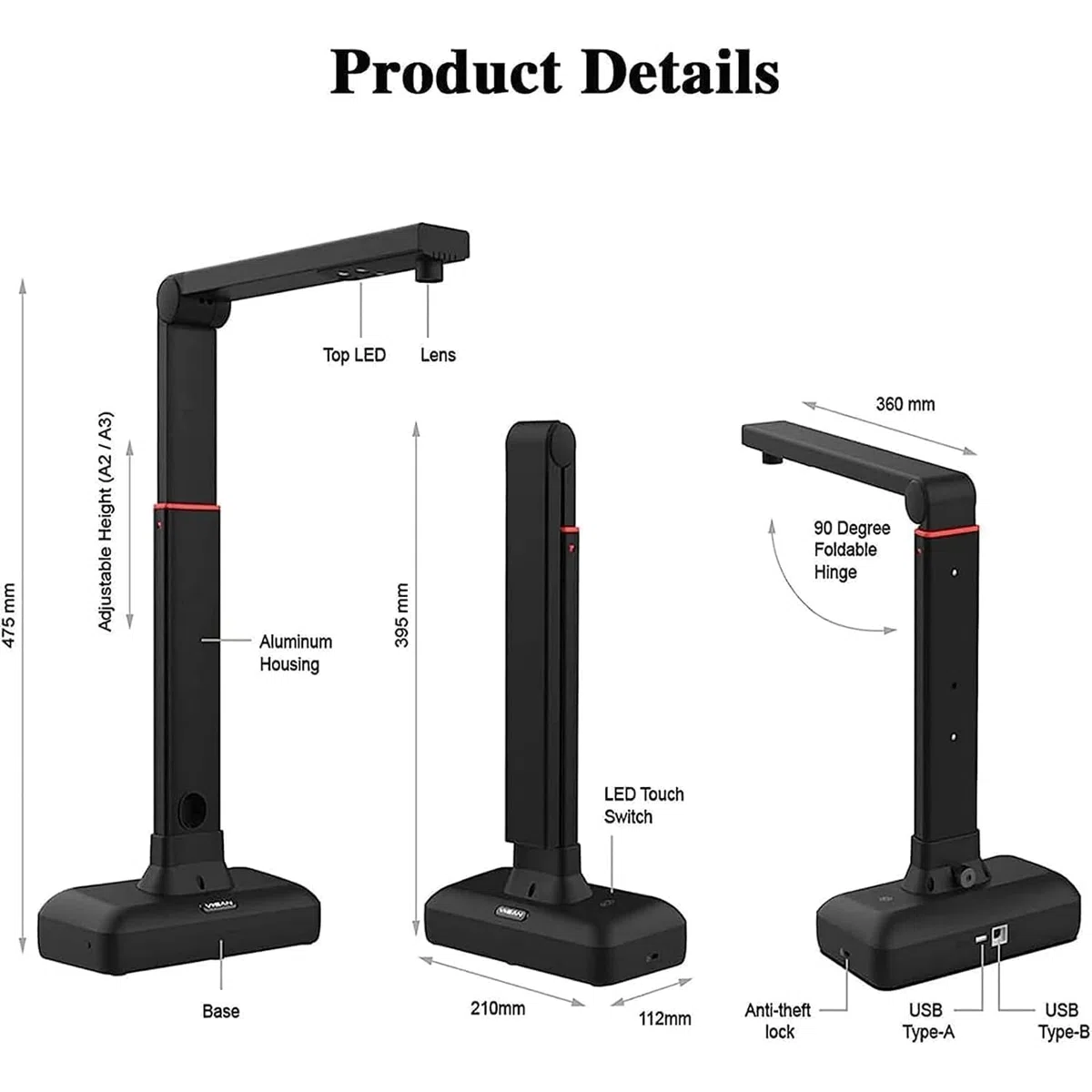Scanner Aereo A2, Scanner per Documenti, Luce LED ad Alta luminosità Integrata, Alta risoluzione 23 MP, Campo di scansione Massimo: 420 x 297 mm, per Carte d'identità, Foto, riviste